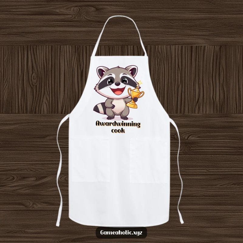 Funny raccoon with a wide grin holding a sparkling trophy, wearing a chef apron, humorous kitchen accessory.