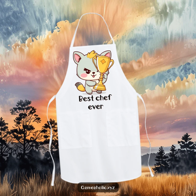 Funny apron decorated with a mischievous, winking animal character proudly displaying a shiny trophy, ready for culinary battles.