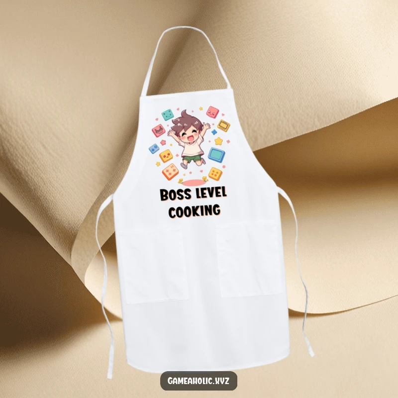 Funny Apron showing a character jumping joyfully surrounded by game icons, designed for the gamer who loves to cook.