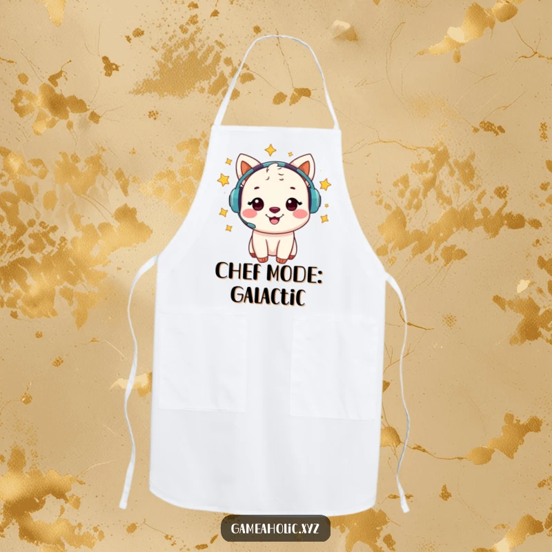 Funny apron with a cheerful animal character wearing a headset surrounded by swirling, magical stars.
