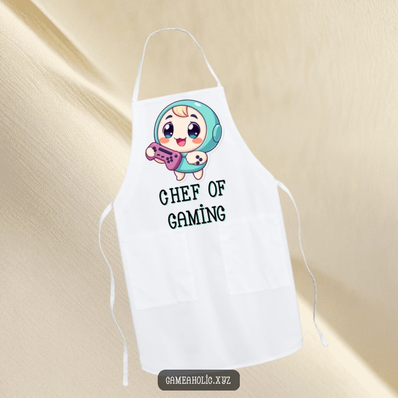 Funny Apron: Round character with big, eager eyes, holding a game controller, ready for kitchen battles.