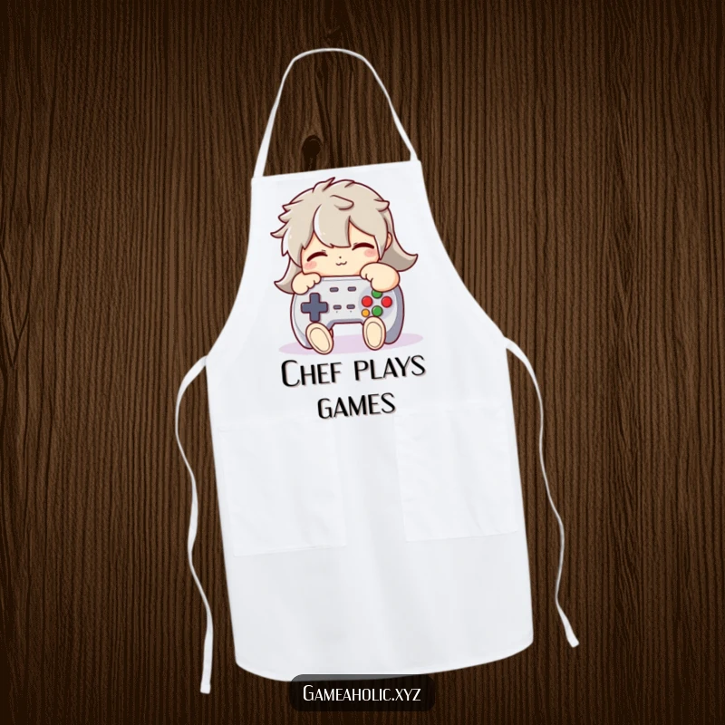 Funny Apron: A character humorously hugging a plush game controller tightly, depicting the comfort of gaming while cooking.