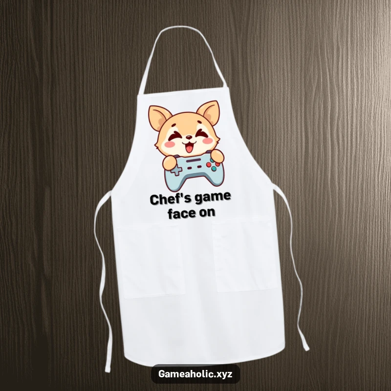 Funny Apron: A cute animal grips a game controller, eyes crossed, ready for gaming action.