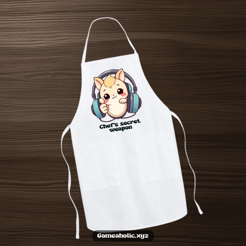 Funny apron showing a creature peeking over a large headset, giving a thumbs up, bringing playful tech vibes to the kitchen.