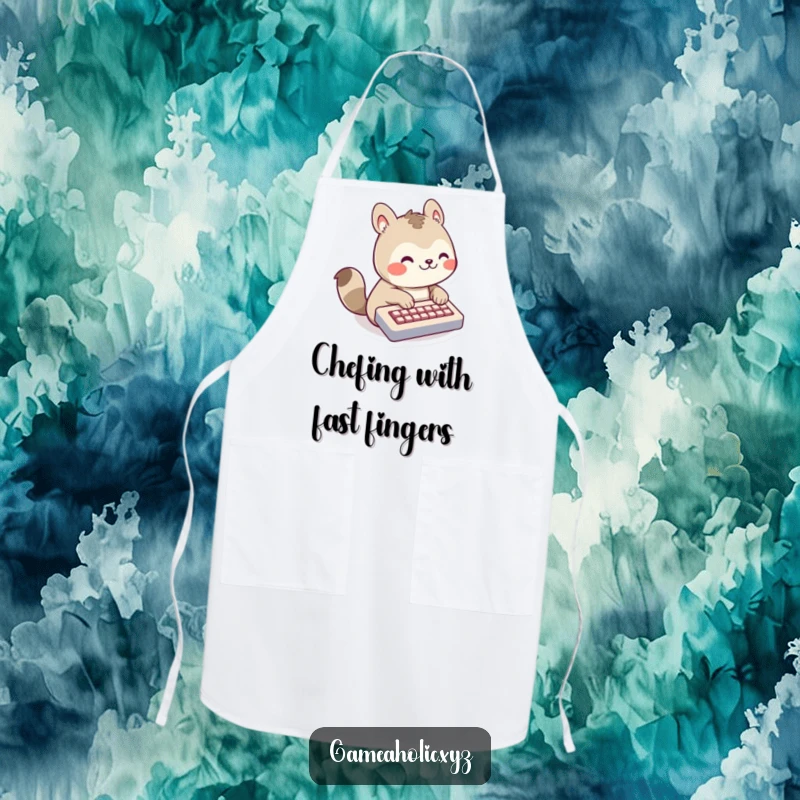 Funny Apron with a happy animal character typing on a tiny keyboard, perfect for the gamer chef or coder.