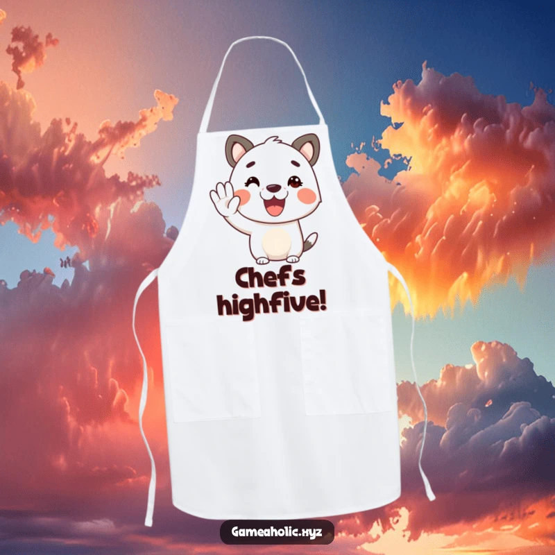 Funny animal character apron, cheerful, offering a virtual high-five, great for kitchen wear.