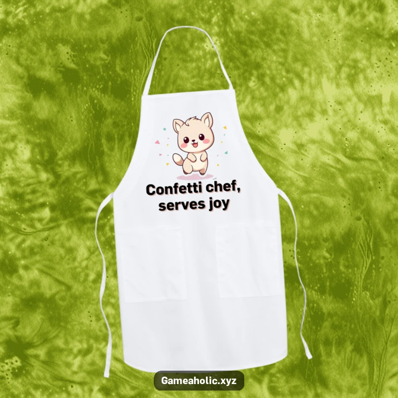 Funny playful animal character with a trail of confetti on a cooking apron, bringing fun to the kitchen.