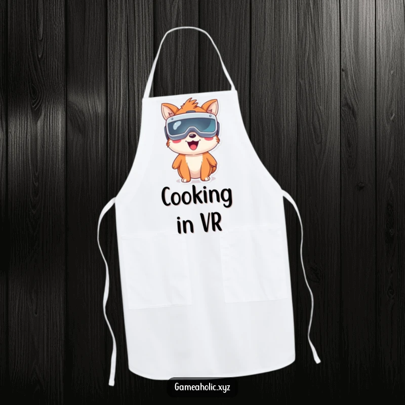 Funny happy animal character with oversized VR goggles, a cute and practical kitchen apron for tech-loving cooks.