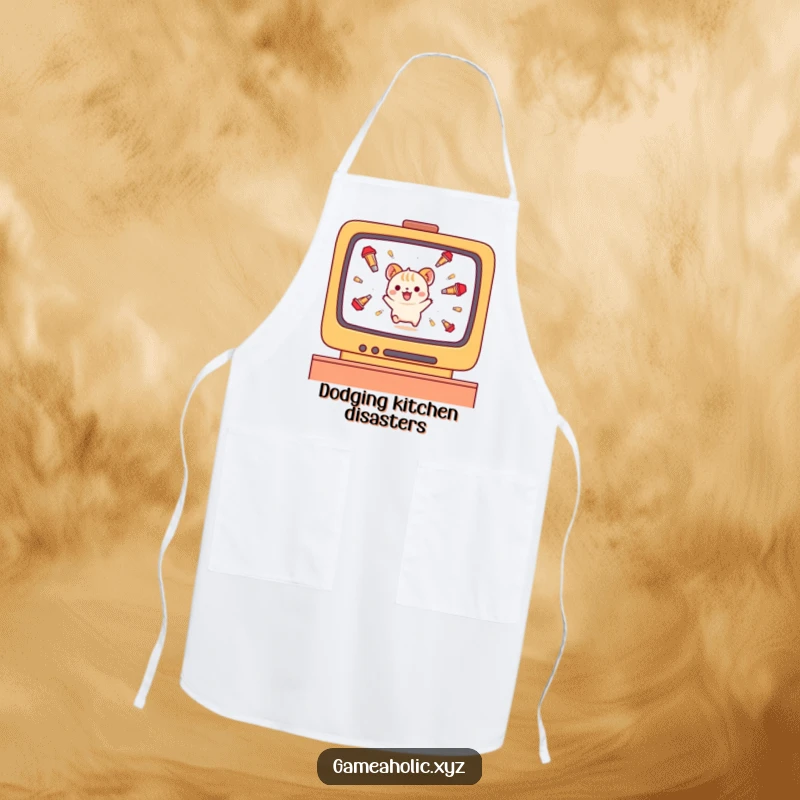 Funny small animal character apron, dodging falling projectiles on a screen while gaming, kitchen humor.