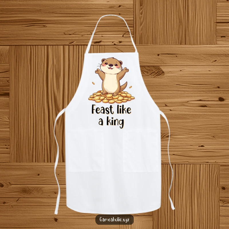 Funny Apron depicting a playful otter doing a victory dance on coins, perfect for kitchen celebrations.