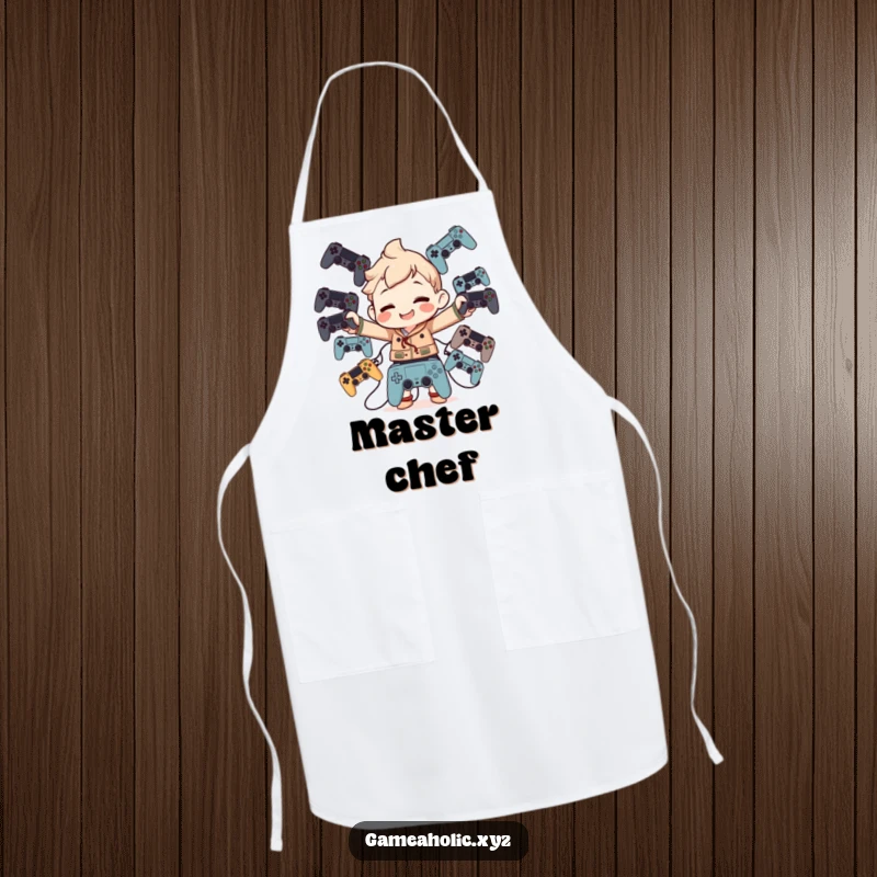 Funny Apron: Character balancing multiple game controllers with a goofy grin, perfect for kitchen multitasking.