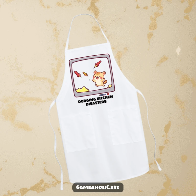 Funny apron showing a cute animal character dodging imaginary spills on a cooking screen, a humorous kitchen essential.