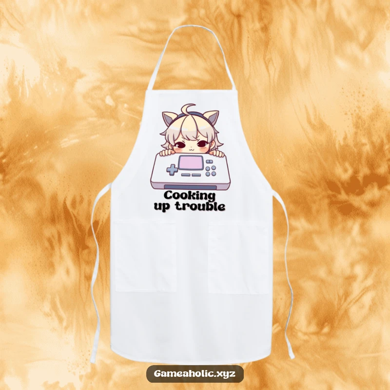 Funny apron with a character peeking over a large console with a mischievous smirk, ideal for chefs who love to surprise.