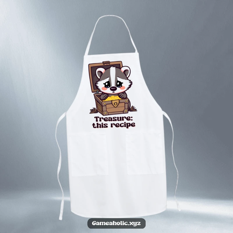 Funny Apron showing a badger with heart eyes looking at a treasure chest, perfect for the treasure-seeking cook.