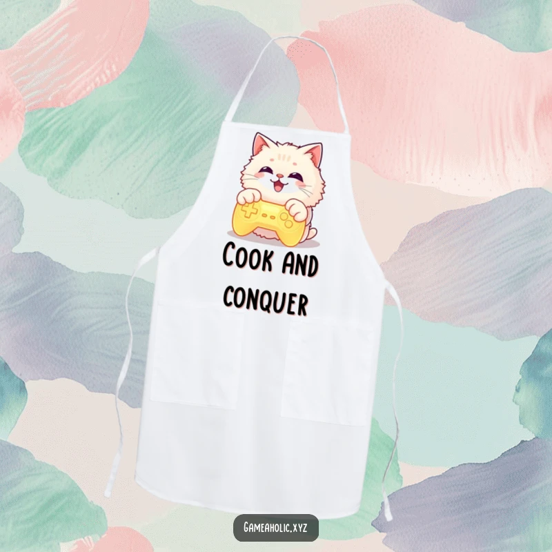 Funny cat character with paws on a glowing game controller, grinning widely, depicted on a kitchen apron.