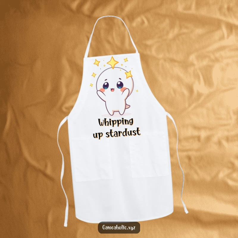 Funny apron showing a character with stars in its eyes, reaching for a magical floating icon while preparing food, a culinary dreamer.