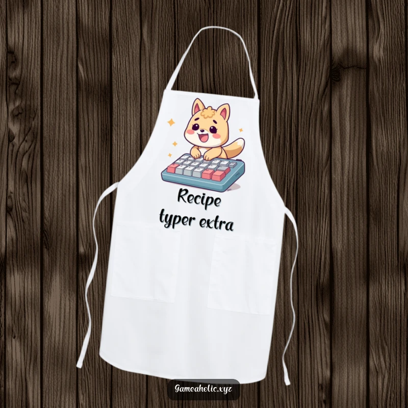 Funny Apron: An energetic animal smiles, typing rapidly on an oversized keyboard with focus.