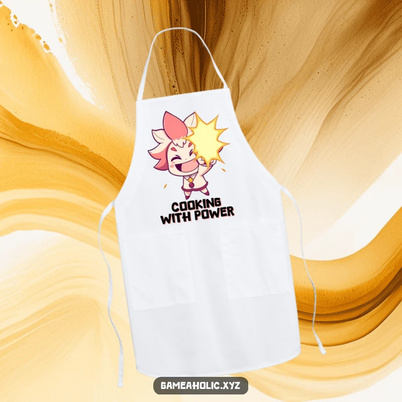 Funny Apron: Character grins widely, aiming a humorous energy blast, ideal for kitchen fun and protection.