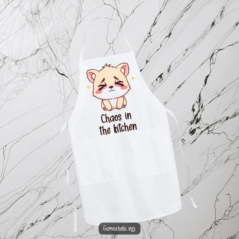 Funny kitchen apron with a small animal character sporting crossed eyes and a happy, exhausted smile, perfect for kitchen fun.