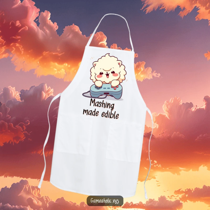 Funny Apron: Fluffy character with intense focus, enthusiastically mashing buttons on a game controller, for kitchen warriors.