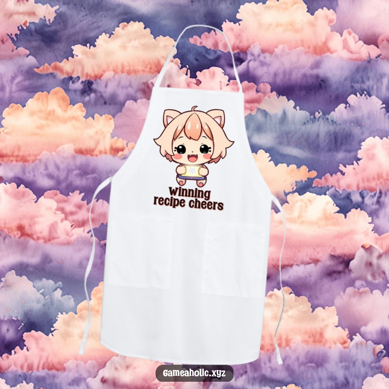 Funny Apron featuring a happy character intensely focused on a glowing screen, cheering with passion.