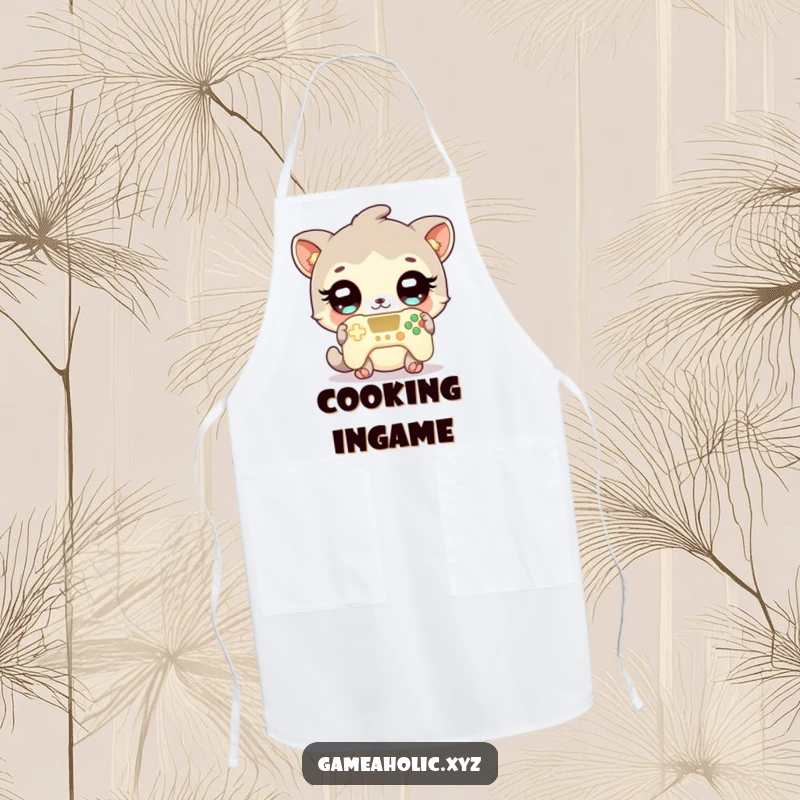 Funny gamer animal apron featuring a cute character with sparkling eyes and a glowing controller, ready for culinary quests.