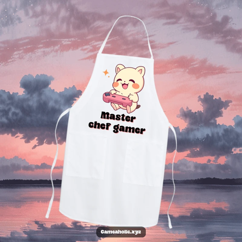 Funny Apron featuring a small creature enthusiastically mashing game controller buttons, ideal for kitchen gaming.