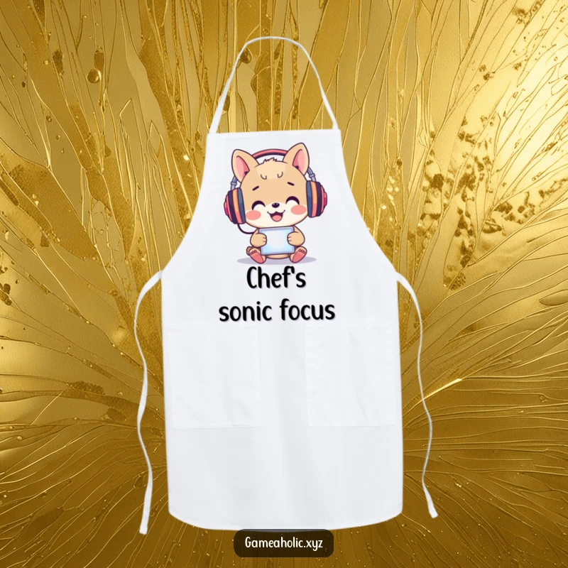 Funny Apron: A happy animal wears headphones, immersed in a glowing screen with joy.