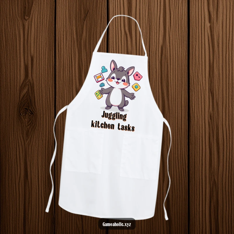 Funny Apron with a playful animal character juggling colorful, abstract game icons, ready for kitchen challenges.