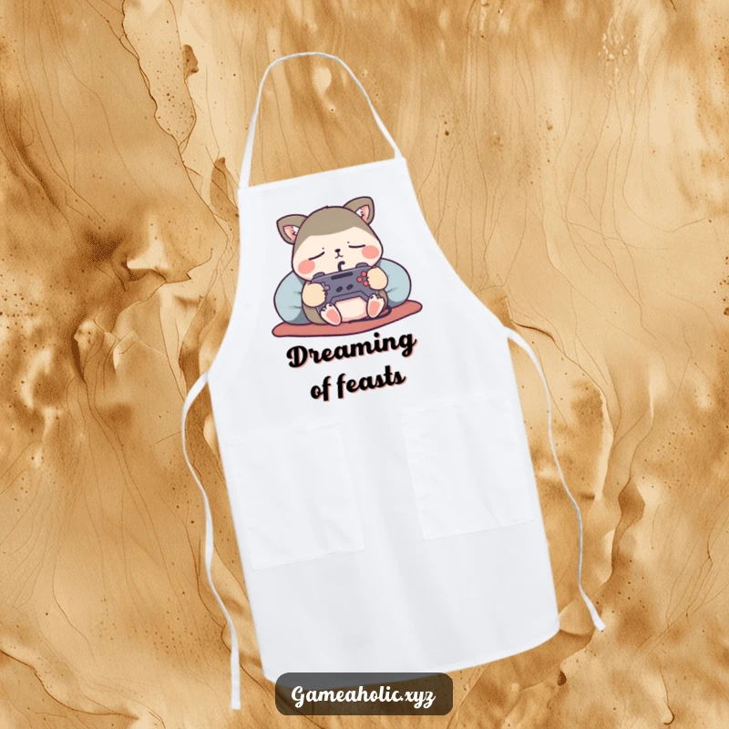 Funny Apron with a content animal character sleeping soundly, holding a tiny game controller, for the relaxed chef.