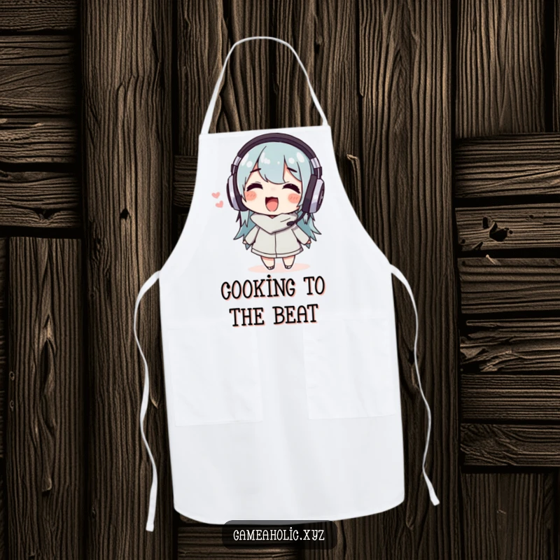Funny Apron with a delighted character wearing headphones and wiggling, perfect for the music-loving chef.