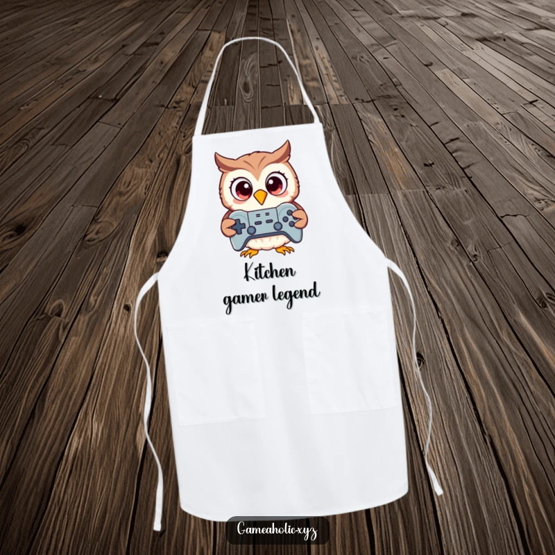 Funny owl with big excited eyes holding a game controller, wearing a chef apron, humorous kitchen accessory.