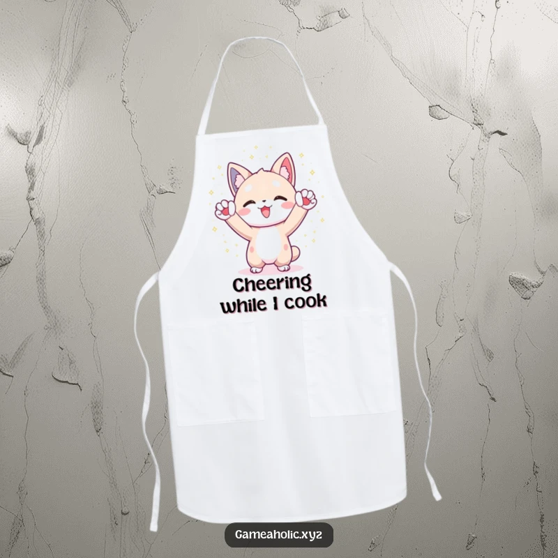 Funny Apron: Character cheers with paws raised amidst shimmering digital particles, ideal for festive cooking.