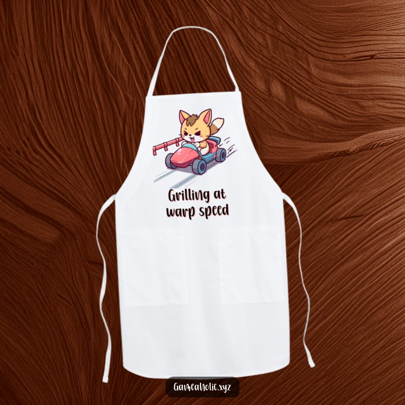 Funny determined animal character racing a tiny vehicle on a pixelated track, a cute and practical kitchen apron for gamers.