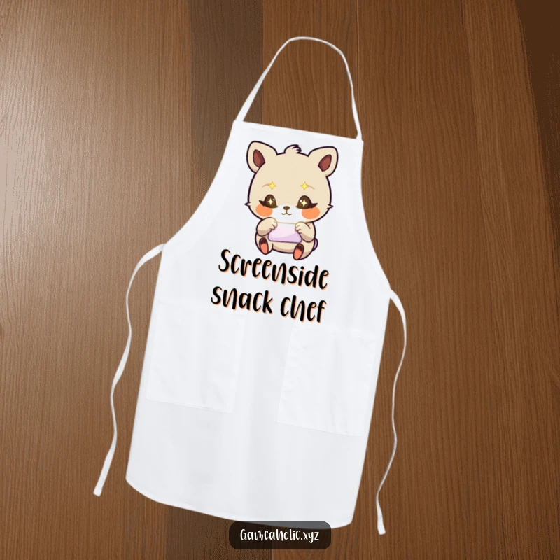 Funny kitchen apron showing a stylized animal with starry eyes, frantically tapping a glowing screen, for cooks.
