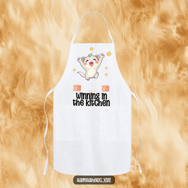 Funny apron with a cute creature leaping in triumph, celebrating a virtual or culinary victory, adding joy to kitchen tasks.