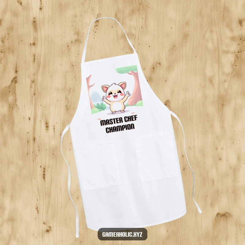 Funny happy creature in a digital world giving a victory pose, wearing a chef apron, humorous kitchen accessory.