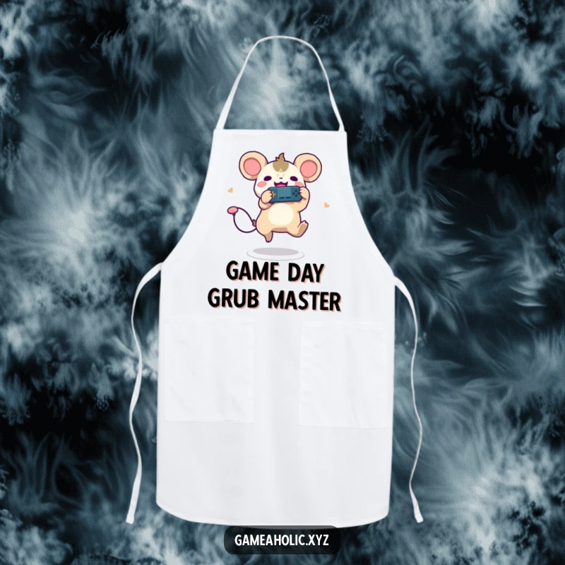 Funny kitchen apron showing a cute creature with round ears, leaping joyfully with a game controller, for cooks.