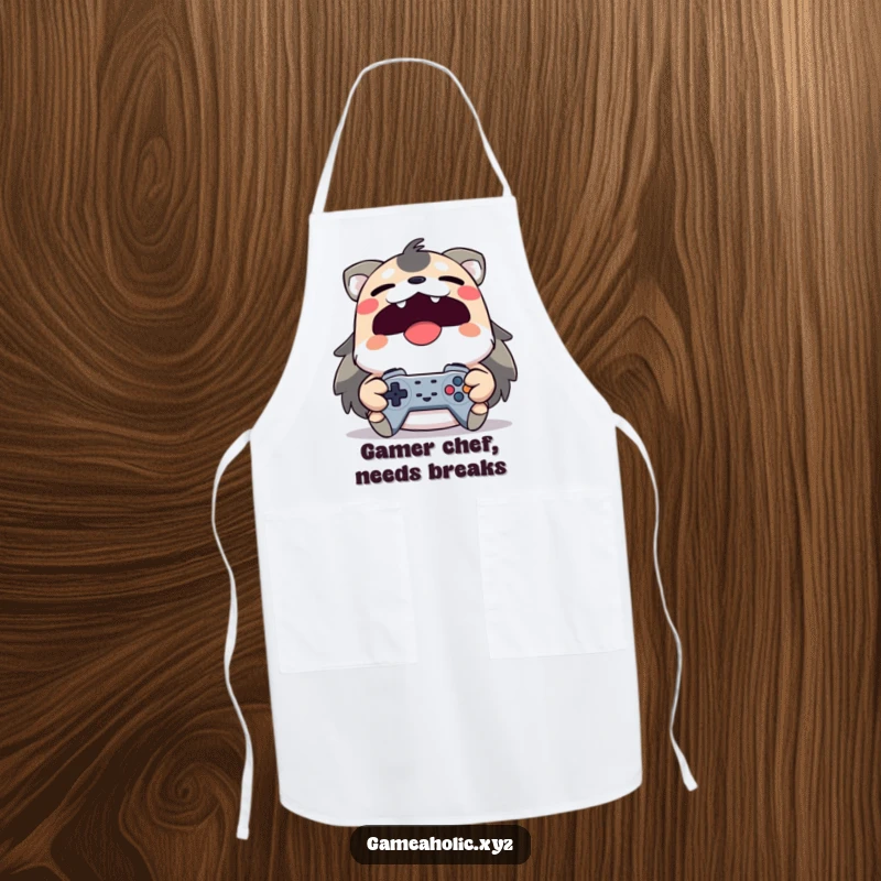 Funny yawning animal character gripping a controller on a cooking apron, representing dedication to gaming and chores.