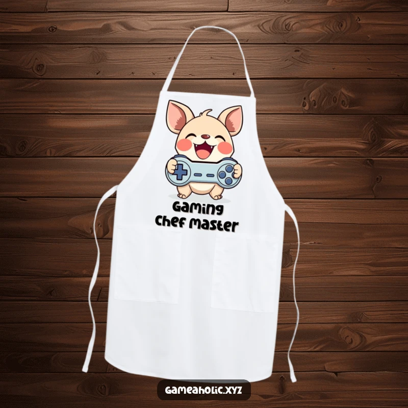 Funny gamer creature apron featuring a cute character with large ears gleefully clutching a game controller, ideal for a funny cooking gift.