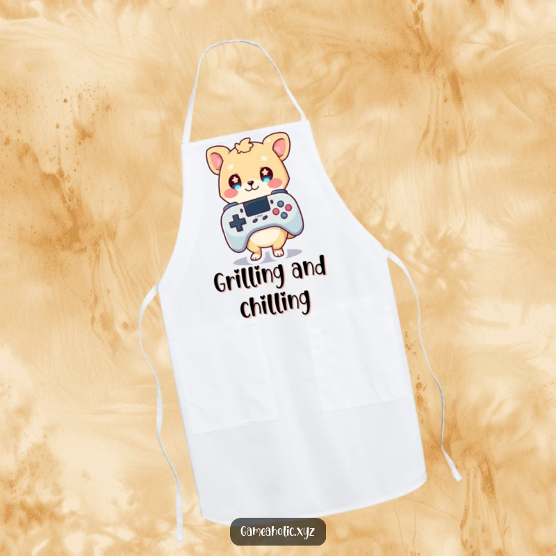 Funny apron showcasing a cute animal character with starry eyes, holding an oversized game controller, ready for kitchen adventures.