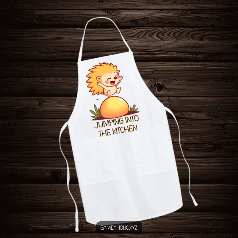 Funny Apron showing a hedgehog joyfully leaping over a glowing mushroom, perfect for the magical cook.