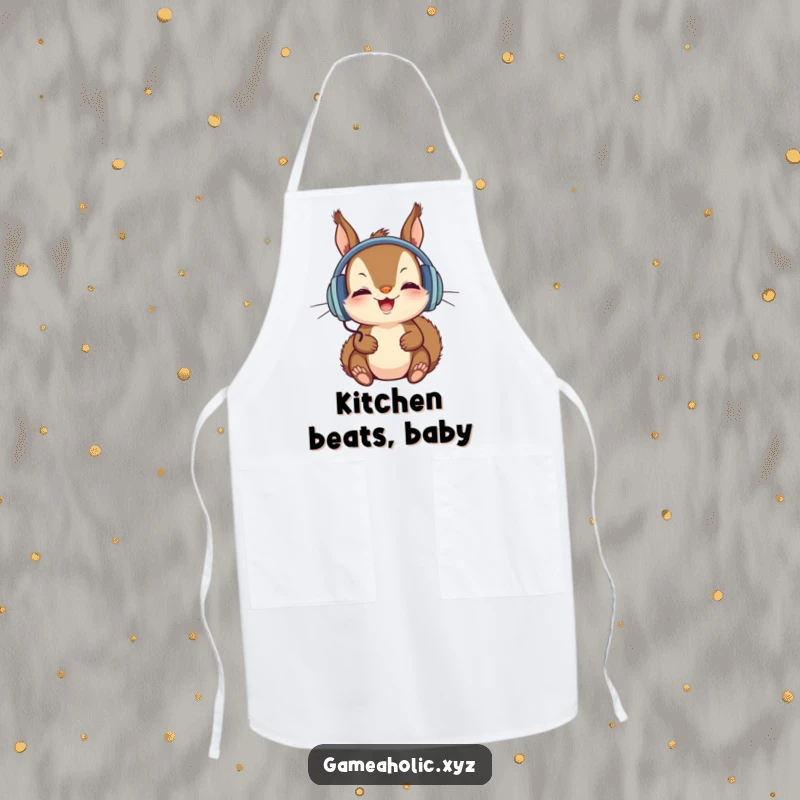 Funny Apron depicting a squirrel in headphones, intently focused on a screen, ideal for kitchen humor.