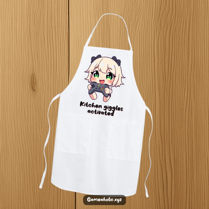 Funny apron featuring a giggling character with wide eyes, holding a game controller, bringing playful energy to the kitchen.