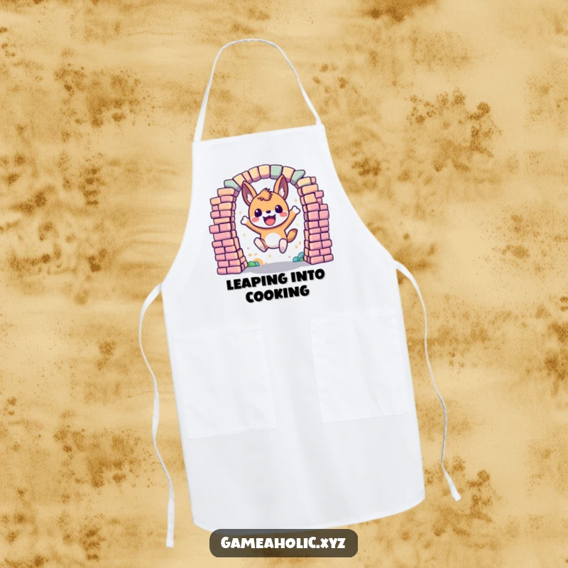 Funny Apron with an excited animal character leaping through a portal made of colorful, digital pixels, for the adventurous cook.