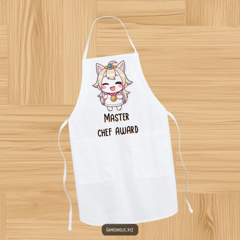Funny apron with a winking character holding a medal, perfect for kitchen champions and adding humor to cooking.