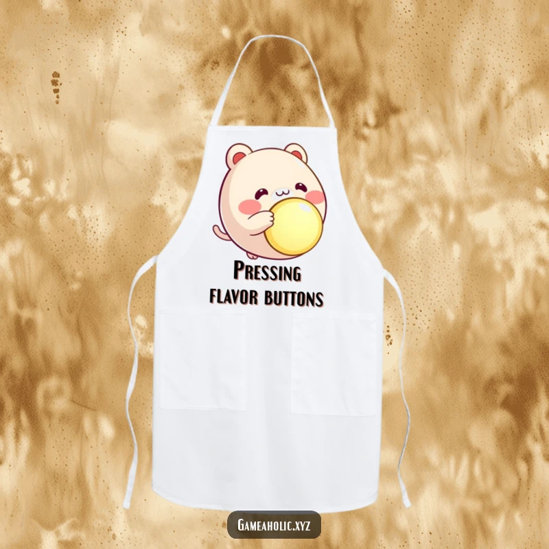 Funny round animal character apron, rosy cheeks, eagerly pressing a large, glowing button, kitchen fun.
