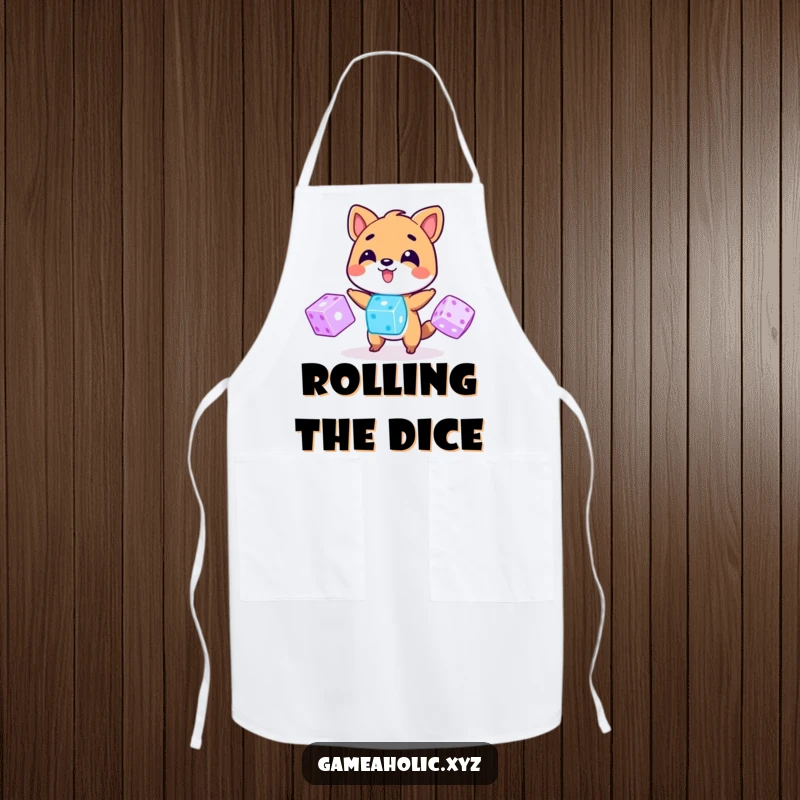 Funny Apron: An animal character juggles luminous digital dice, perfect for adding fun to cooking and a great gift.
