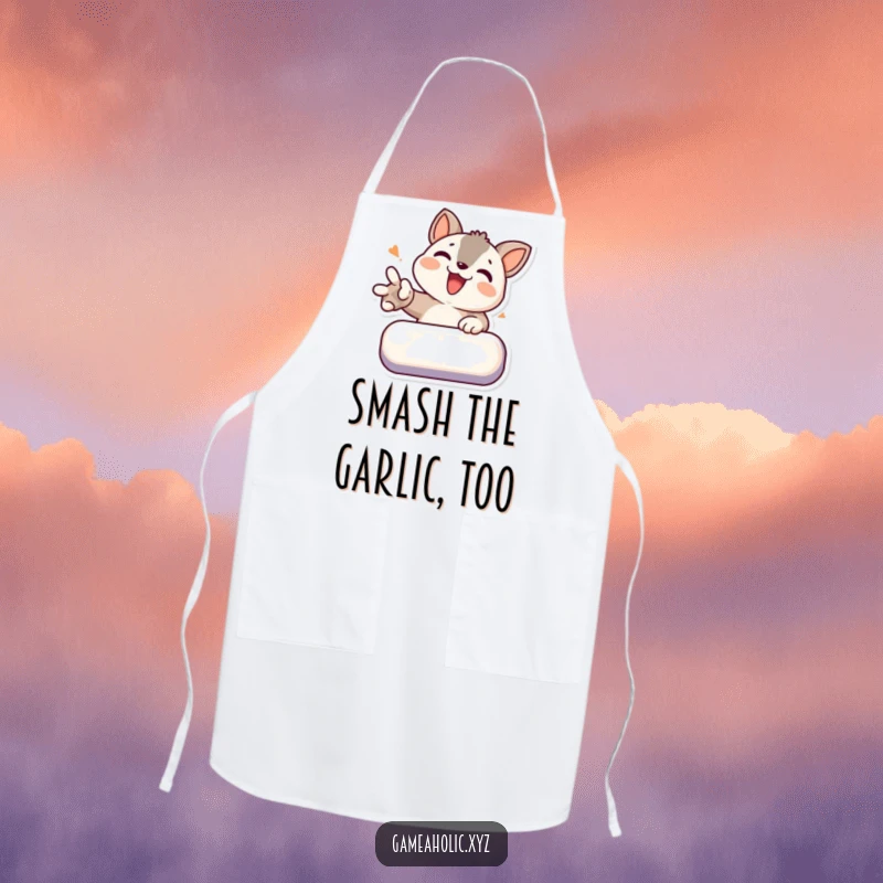 Funny apron with a determined animal character smashing a virtual button, ready for culinary action.