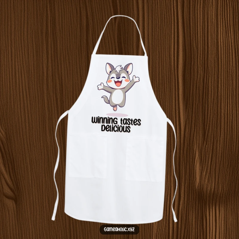 Funny apron featuring a determined animal character jumping joyfully after winning a game, perfect for kitchen celebrations.